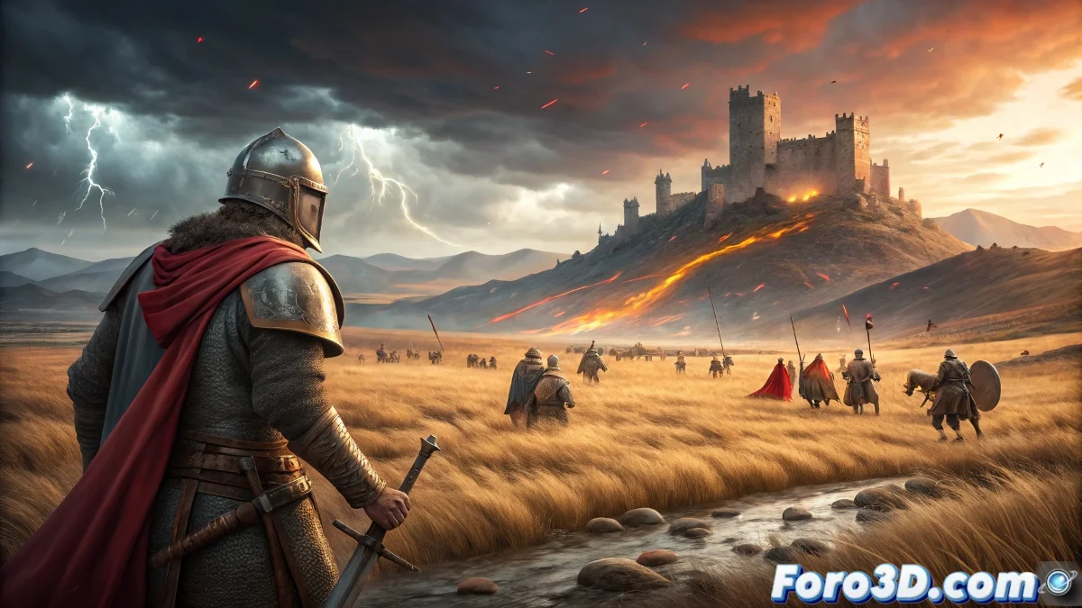 Captura de gameplay de Crimson Desert mostrando paisajes épicos, combate intenso y personajes detallados en el mundo abierto del videojuego