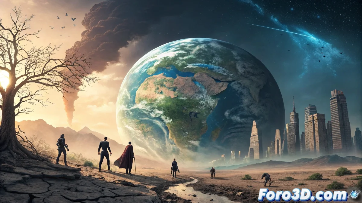 Portada de la antología Crisis on Our Only Earth mostrando un planeta Tierra rodeado de diversos personajes y elementos naturales y tecnológicos.