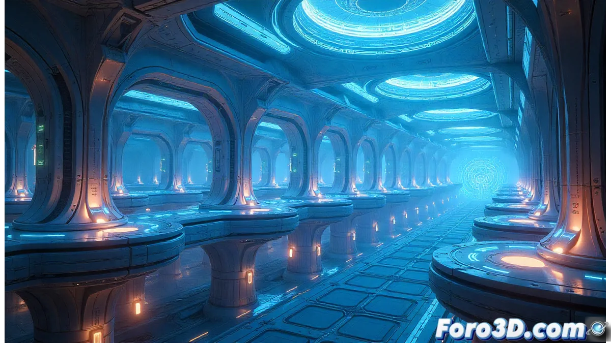 Portada futurista mostrando un paisaje espacial con colonias interplanetarias y redes de inteligencia artificial superinteligente entrelazándose en el cosmos