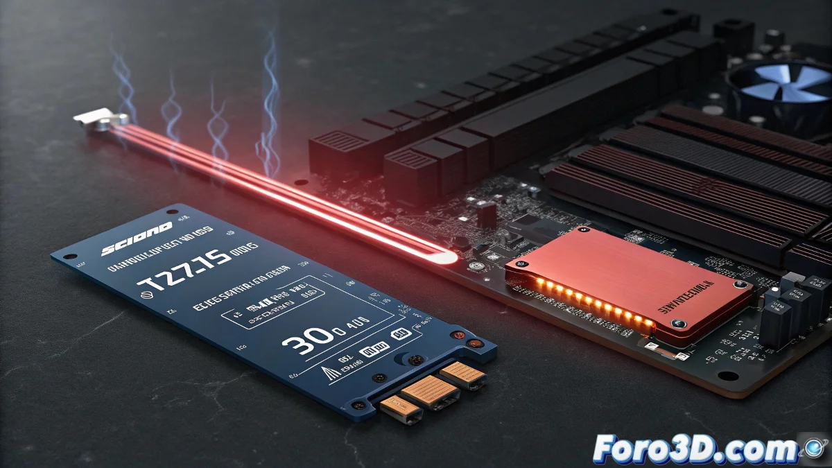 SSD Crucial T705 PCIe 5.0 con disipador térmico instalado en placa base, mostrando interfaz M.2 y componentes de alta velocidad.