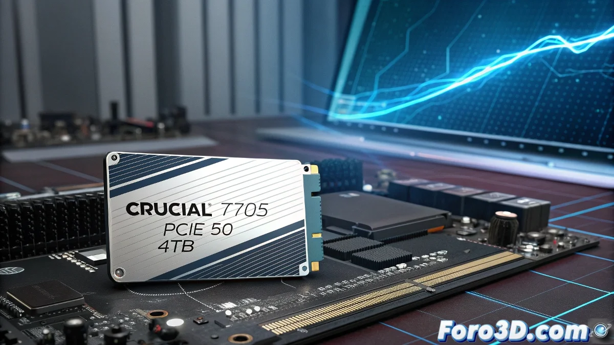 SSD Crucial T705 PCIe 5.0 con disipador térmico instalado en placa base, mostrando interfaz M.2 y componentes de alta velocidad.