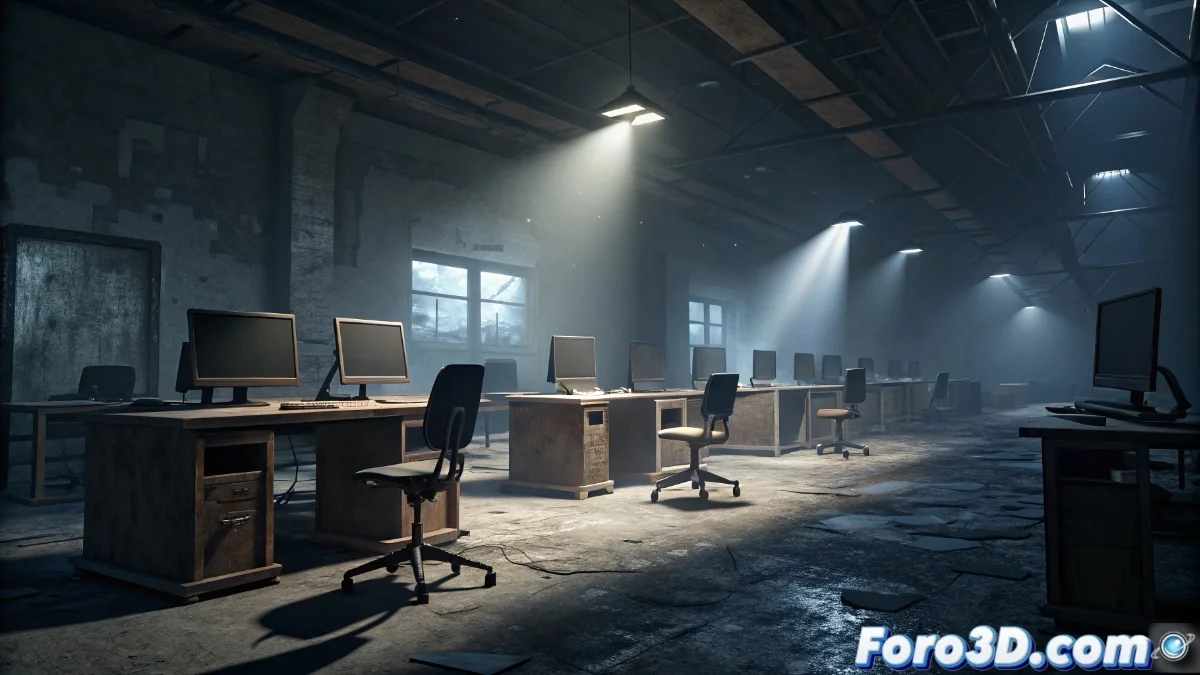 Logotipo de Crystal Dynamics junto a imagen de Lara Croft en un entorno de desarrollo con diagramas de producción y gráficos de personal mostrando disminución