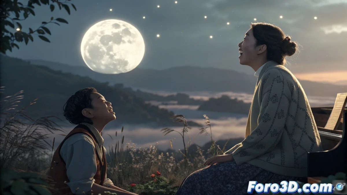 Personaje animado del cortometraje When the Moon Sings mostrando una expresion facial detallada y emotiva, con diagramas tecnicos del sistema JALI de fondo.