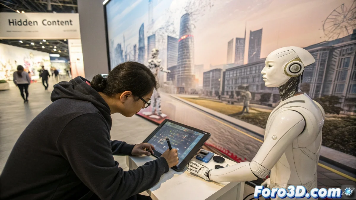 Ilustración estilo digital que muestra un robot pintando mientras un artista humano observa con expresión de preocupación, en tonos azules y grises tecnológicos.