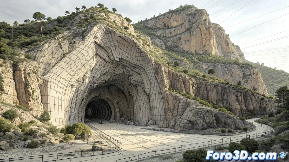 Render 3D del interior de la Cueva del Gato en Málaga, mostrando galerías subterráneas con río interior, formaciones de estalactitas y cofres de tesoros escondidos entre las rocas.
