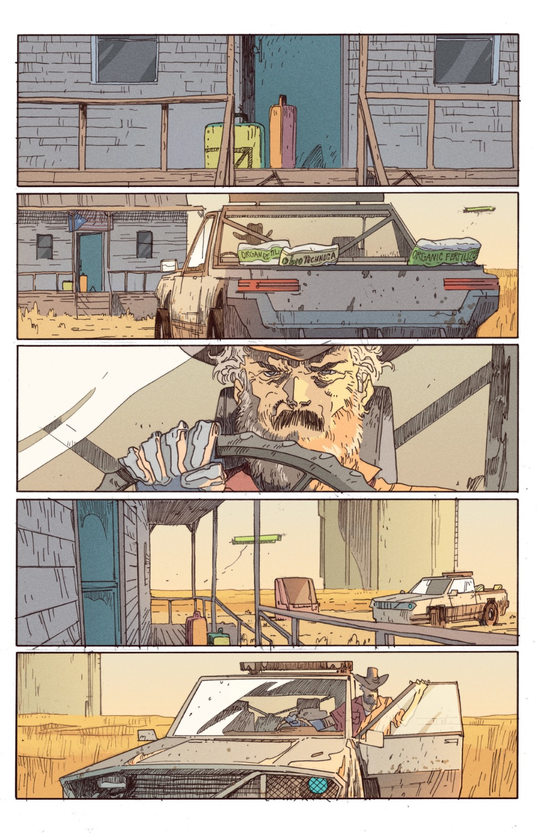 Viñeta de cómic Cyberpunk 2077 mostrando carroñeros en calle neón de Night City con implantes cibernéticos y ambiente distópico característico.