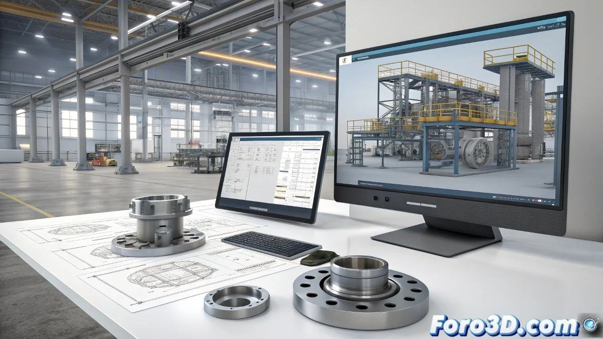 Interfaz de HiCAD mostrando diseño mecánico complejo con herramientas de chapa metálica, estructuras soldadas y panel de gestión de documentos técnicos en entorno industrial.