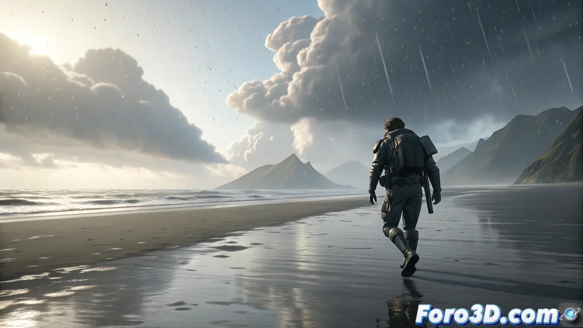 Sam Bridges caminando bajo una tormenta dinámica en un entorno montañoso detallado del videojuego Death Stranding 2 On the Beach