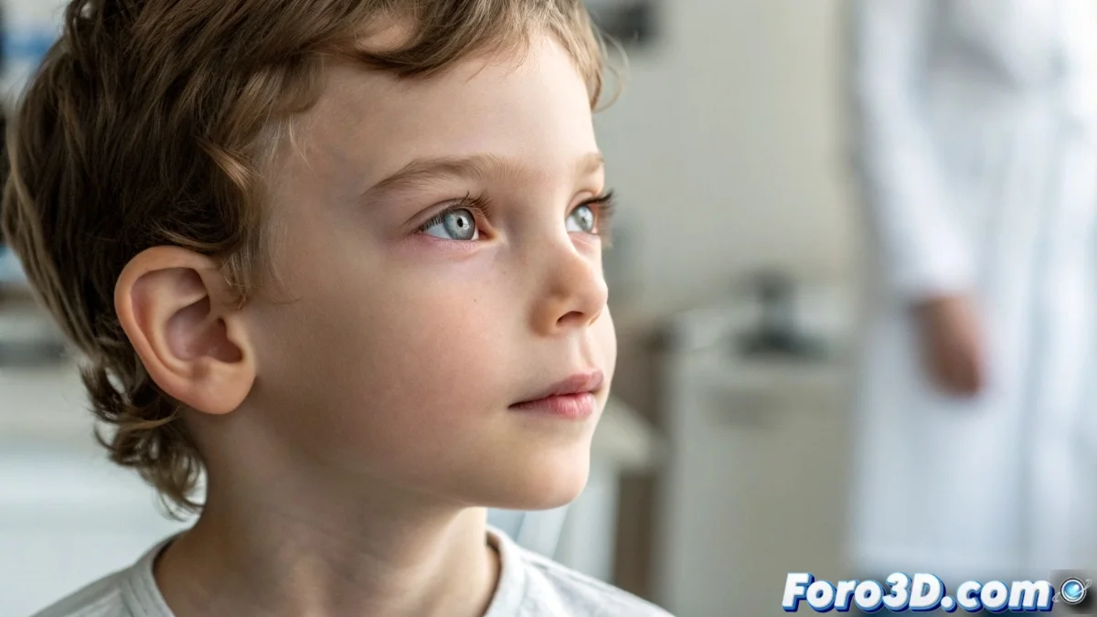 Ilustración médica que muestra la diferencia entre un ojo sano y un ojo con ambliopía, destacando la conexión cerebro-visual y el uso de un parche ocular en el tratamiento.