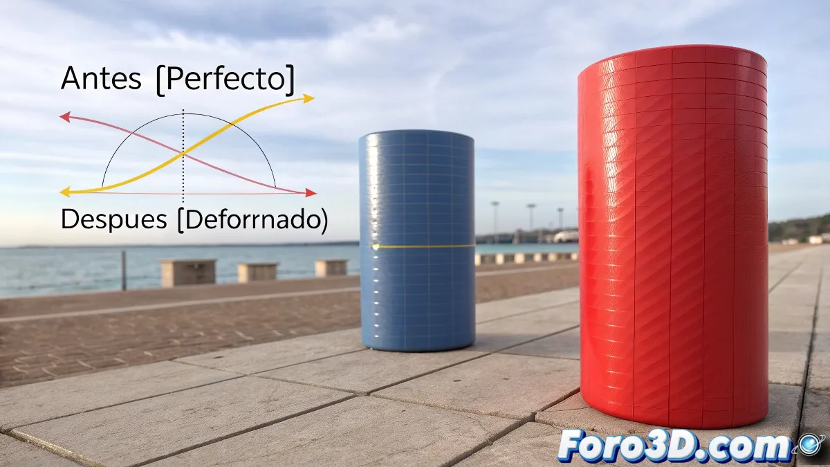 Comparación visual entre cilindros perfectos (izquierda) y deformados (derecha) al seguir una curva en un software 3D, mostrando vértices irregulares y posibles soluciones.