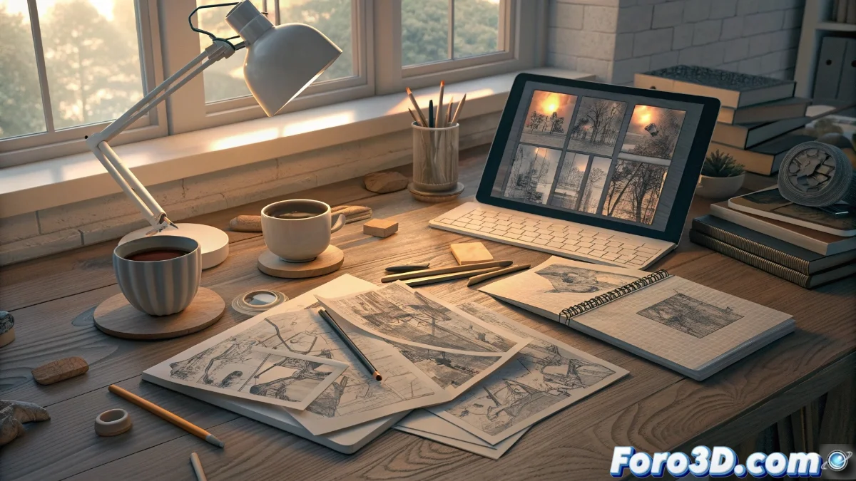 Artista digital trabajando en tableta gráfica con bocetos conceptuales y referencias visuales en pantallas adyacentes, mostrando el flujo de trabajo desde ideas iniciales hasta modelos 3D básicos.