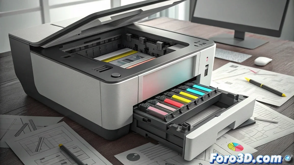 Impresora moderna mostrando mensaje de error con cartucho de tinta parcialmente lleno, junto a logos de HP, Canon, Epson y Brother en fondo gris