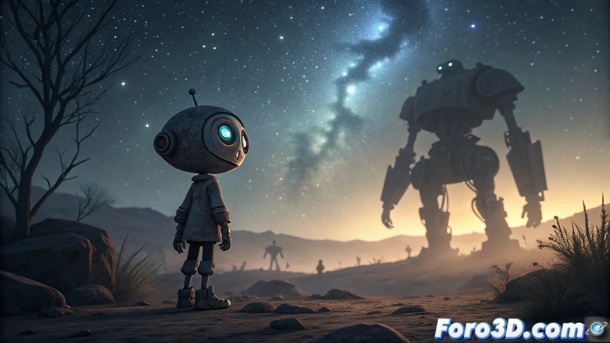 Tim-21, un androide con apariencia infantil, en un paisaje postapocalíptico con robots gigantes al fondo, reflejando soledad y esperanza.
