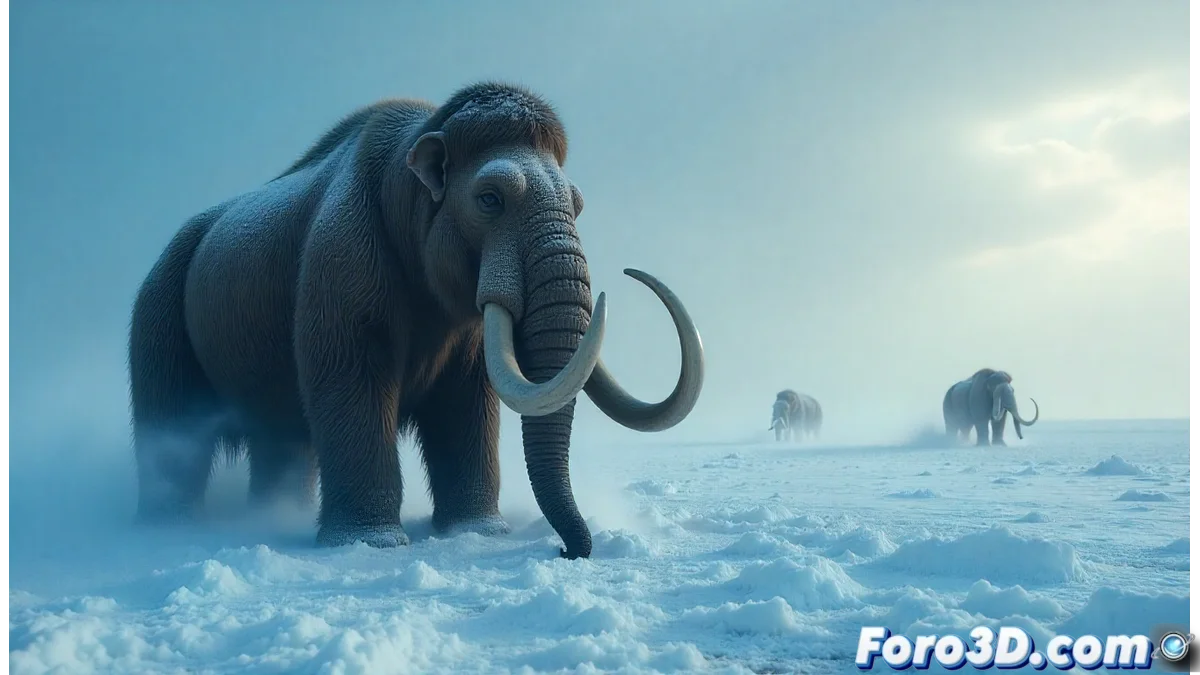 Reconstrucción científica de un mamut lanudo en el paisaje ártico con moléculas de ARN flotando alrededor, ilustrando la extracción de material genético del permafrost