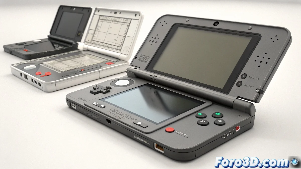 Interfaz de Blender mostrando controladores personalizados animando una Nintendo 3DS con tapa abriéndose y botones presionándose