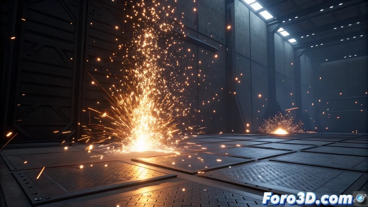 Sistema de partículas en Unreal Engine 5 mostrando colisiones con superficies y efectos de rebote en tiempo real