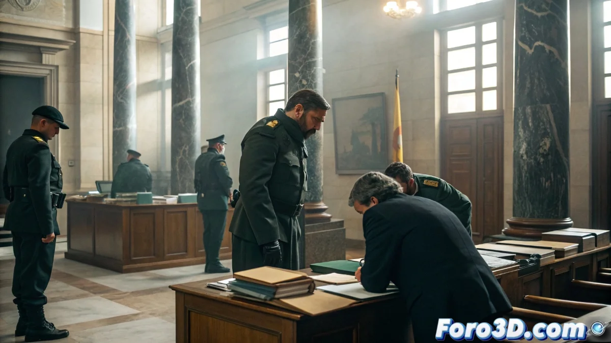 Agentes de la Guardia Civil realizando registros en edificios institucionales de la Diputación de Almería, con documentos oficiales sobre la mesa