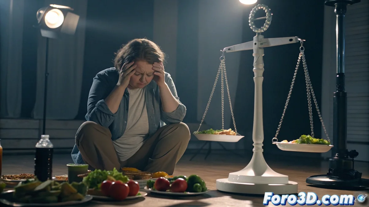 Imagen comparativa mostrando una báscula tradicional junto a alimentos saludables versus un contrato con promesas exageradas de pérdida de peso, con un nutricionista profesional en segundo plano