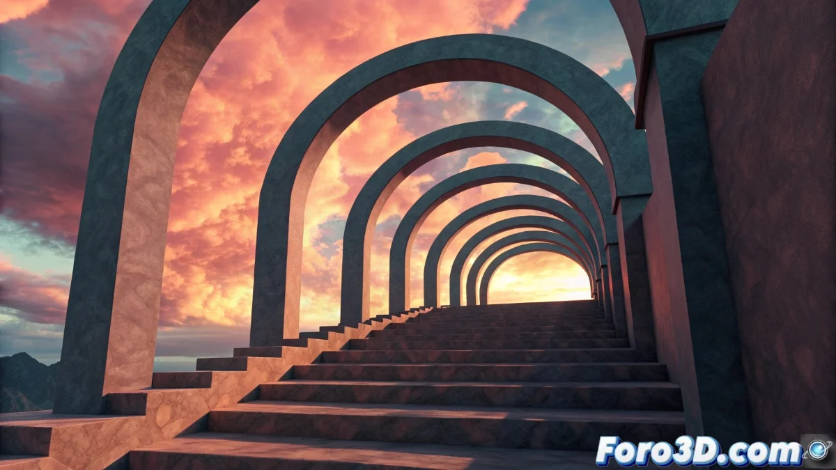 Representación visual de un espacio no euclidiano con arquitecturas que se curvan y pliegan sobre sí mismas, mostrando pasillos infinitos y perspectivas imposibles en tonos surrealistas.