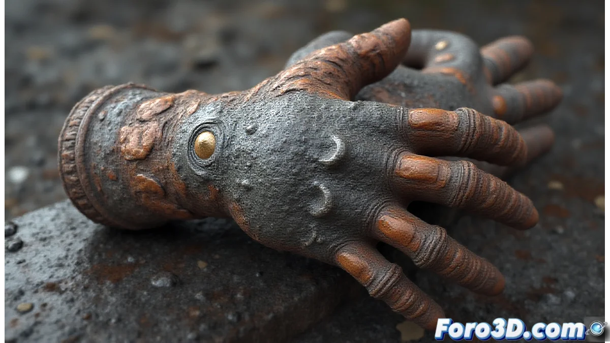 Representación visual de un artista utilizando un guante háptico para interactuar con un modelo 3D texturizado de una superficie rocosa, mostrando detalles de rugosidad y reflejos materiales en tiempo real.