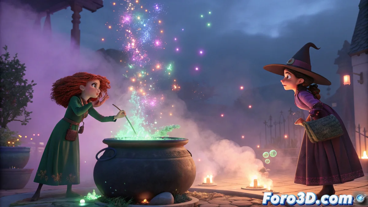Avance conceptual de Hexed mostrando personajes Disney en entorno magico con efectos de hechizos, particulas y elementos sobrenaturales en estilo visual caracteristico