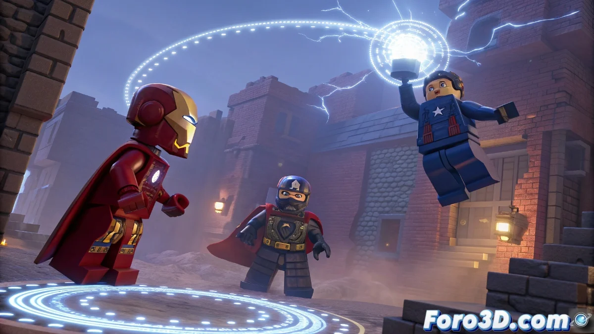 Los Vengadores en versión LEGO junto a Doctor Strange enfrentando energías místicas en una dimensión alternativa, con efectos visuales coloridos y estilo juguetón característico.