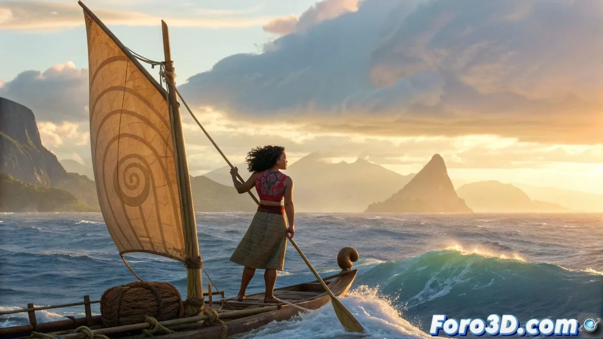 Moana y Maui navegando en su canoa a través de aguas turquesas bajo un cielo dramático, con criaturas mitológicas emergiendo en el fondo.