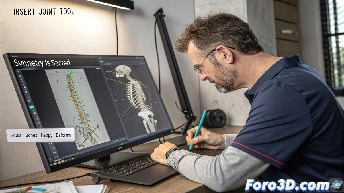 Artista 3D dividiendo huesos en Maya para mejorar la precisión del esqueleto