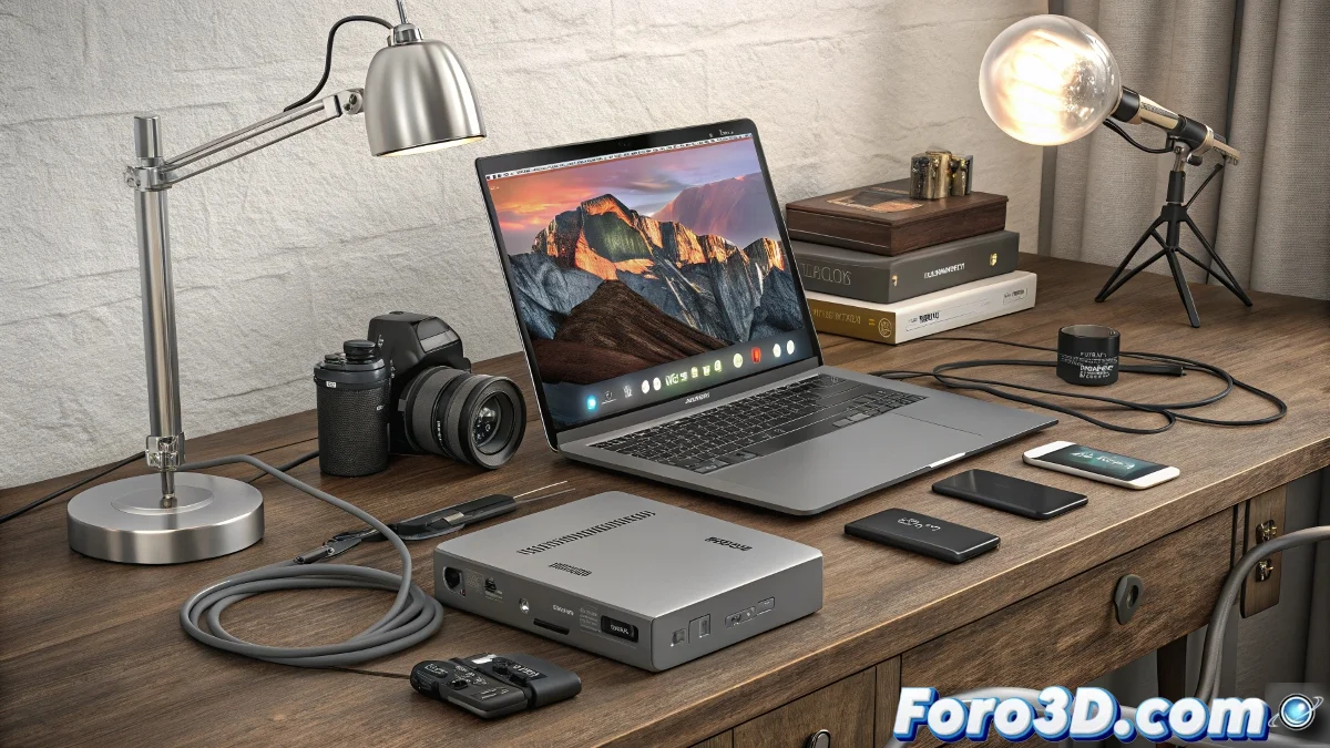 Dock Anker Prime Thunderbolt 5 en posición vertical con múltiples puertos visibles, diseño metálico retro y luces indicadoras de actividad.