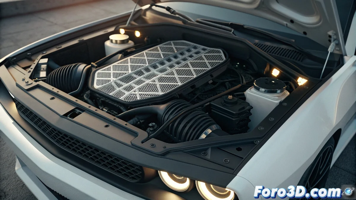 Prototipo impreso en 3D de un conducto de aire frío para el motor del Dodge Challenger Demon, mostrando detalles geométricos complejos y acabado profesional