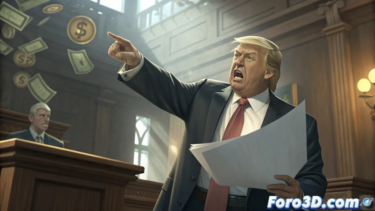 Donald Trump en conferencia de prensa con abogados, fondo con logo de la BBC y documentos legales sobre la mesa