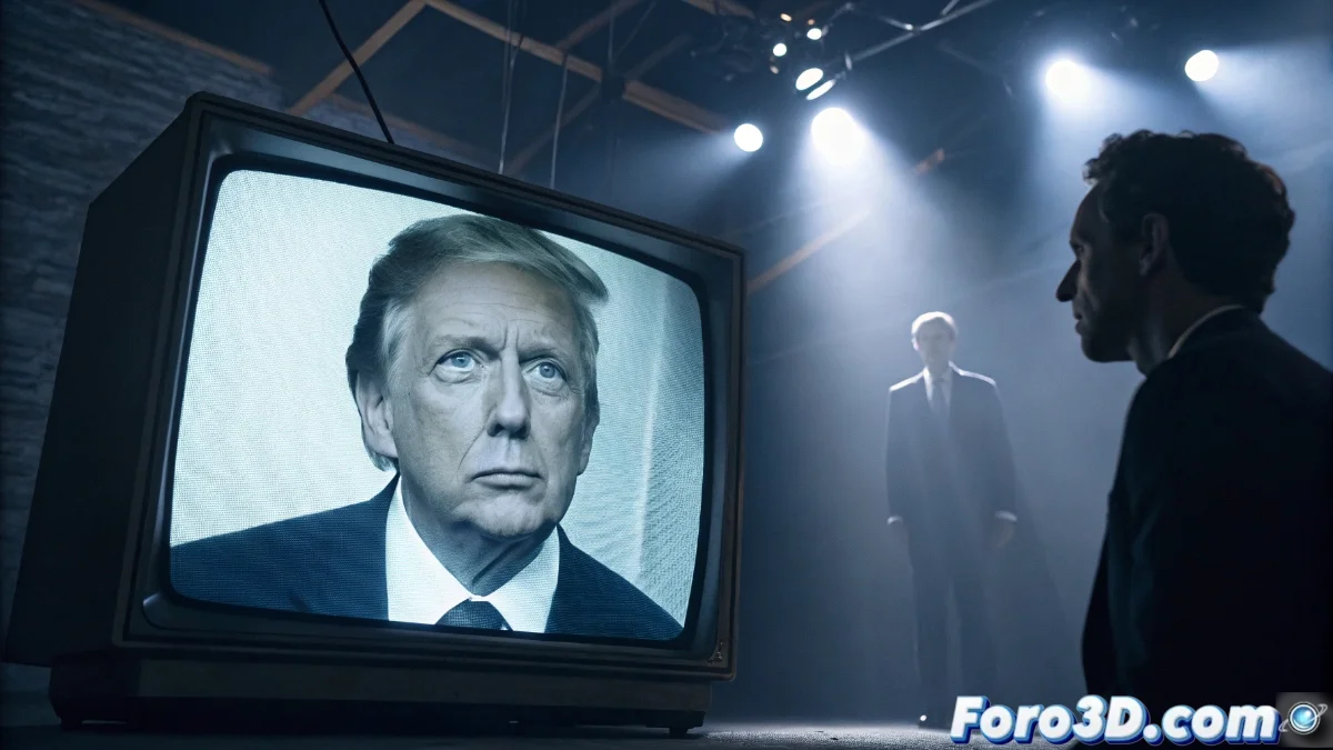 Donald Trump escribiendo en Truth Social con imágenes de Seth Meyers y Jimmy Kimmel en pantallas de fondo en un entorno oscuro y amenazante