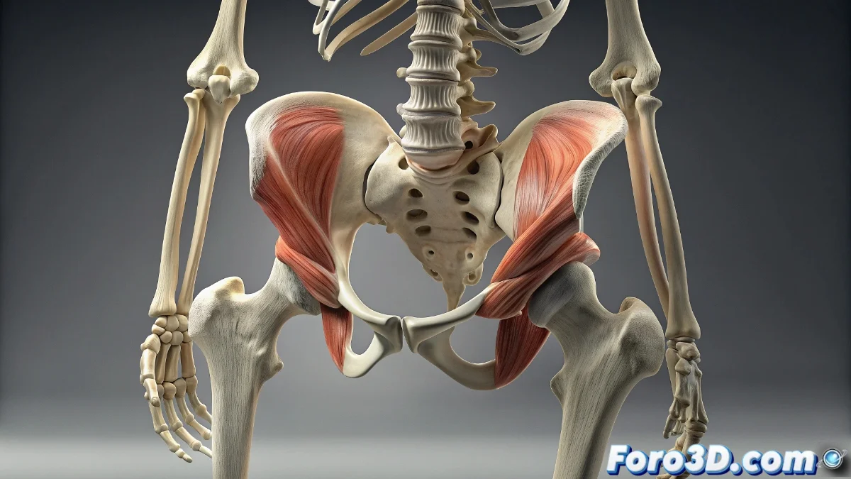 Reconstrucción 3D de la evolución de la pelvis humana mostrando las diferencias anatómicas entre primates y humanos, destacando la rotación del ilion y la forma de cuenco característica.