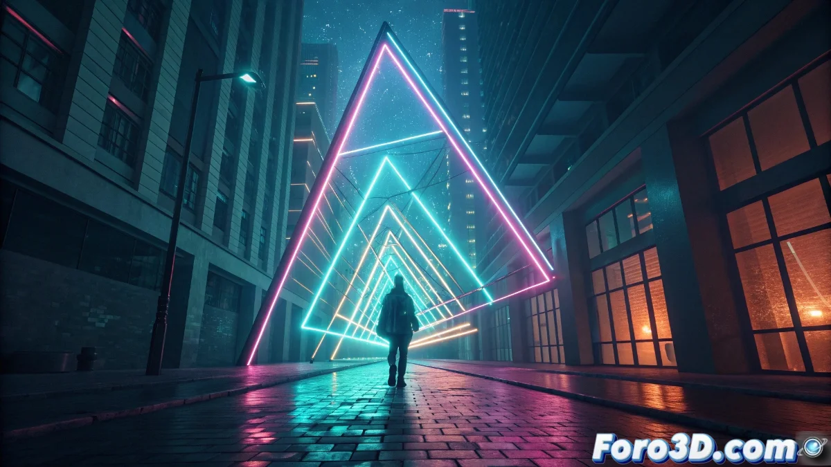 Composición digital que muestra un texto con efecto glitch superpuesto sobre formas geométricas distorsionadas y desenfoque motion blur, utilizando una paleta de colores vibrantes sobre fondo oscuro.