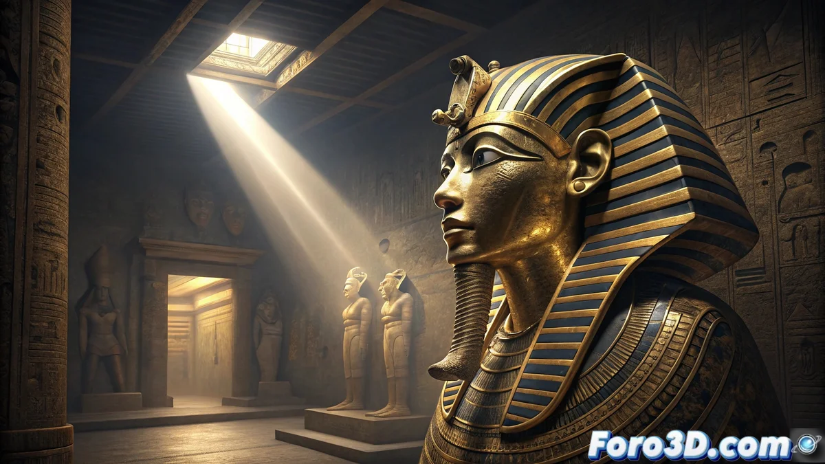 Vista panorámica del Gran Museo Egipcio iluminado al atardecer, con las pirámides de Guiza al fondo y visitantes explorando la galería principal con la máscara dorada de Tutankhamun