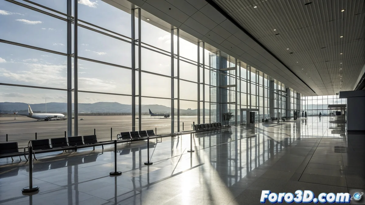 Vista aérea del aeropuerto de Castellón con pista vacía y terminal moderna al atardecer, mostrando la infraestructura subutilizada