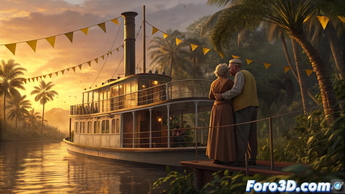 Florentino Ariza observando desde la ventana mientras llueve en Cartagena, con una carta amarillenta en sus manos y el río Magdalena al fondo al atardecer