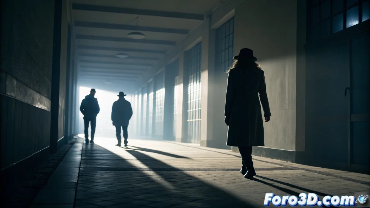 Ilustración digital que muestra una escena dramática con sombras estratégicas que ocultan parcialmente un rostro, creando misterio y tensión visual mediante contraste de luces y sombras.