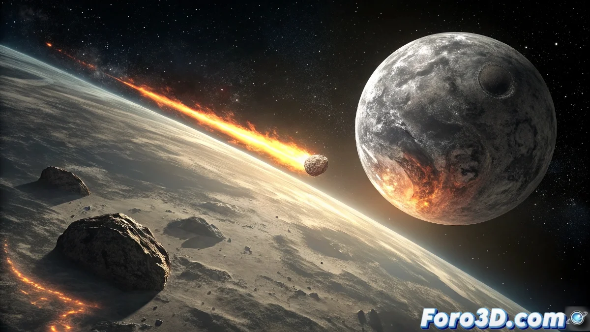 Ilustración astronómica mostrando la trayectoria del asteroide 2024 YR4 acercándose a la Luna con la Tierra de fondo, creada con software de simulación 3D