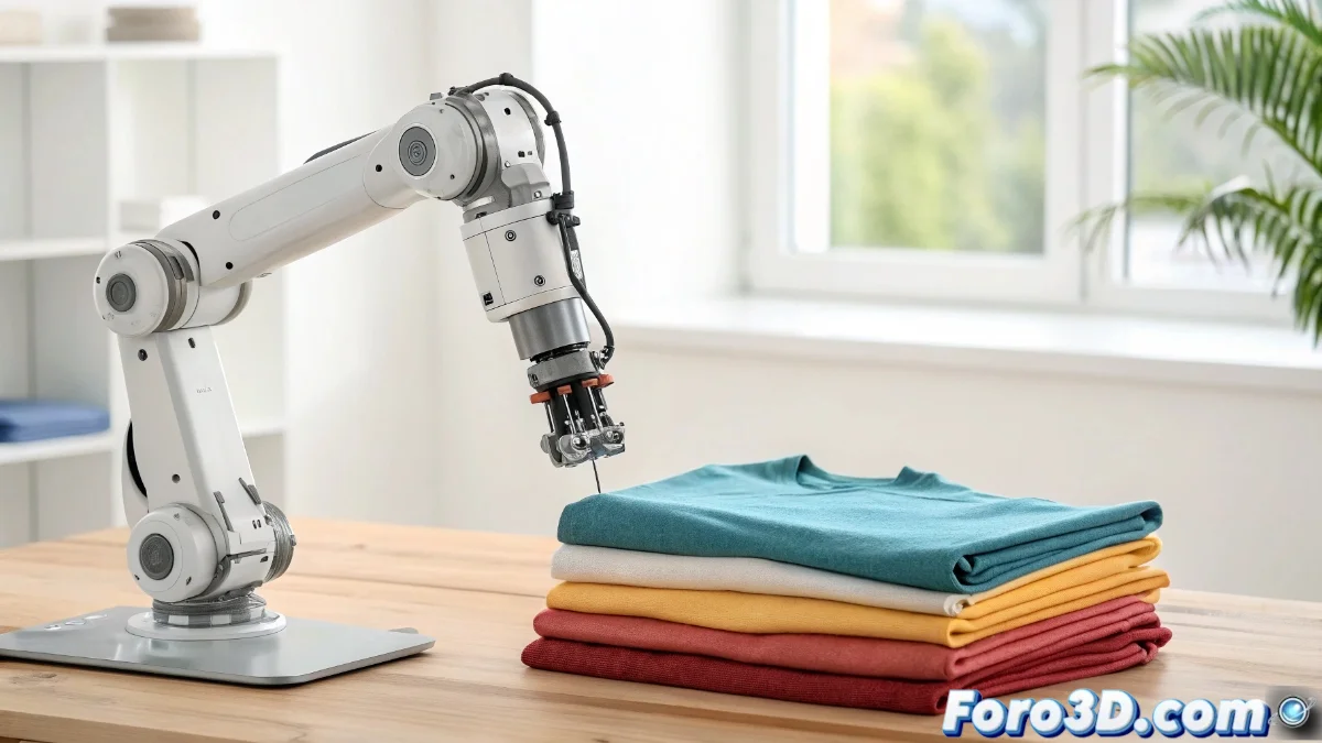 Robot humanoide doblando una camisa con precisión sobre una mesa moderna, mostrando sus articulaciones mecánicas y sensores de visión artificial en acción