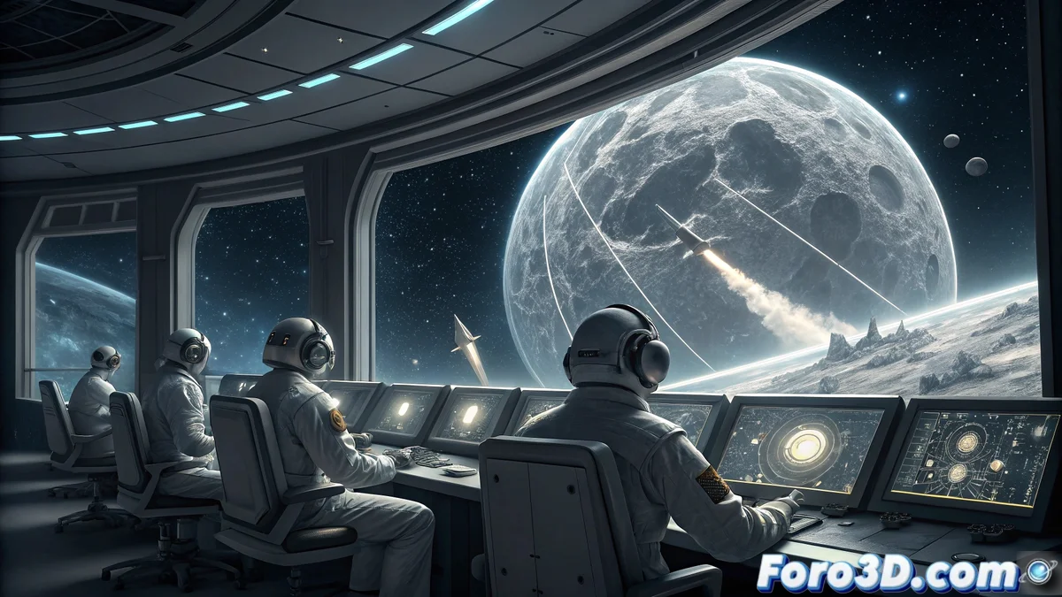 Controlador espacial monitoreando múltiples naves en órbita lunar desde centro de control con pantallas holográficas mostrando trayectorias y puntos de Lagrange