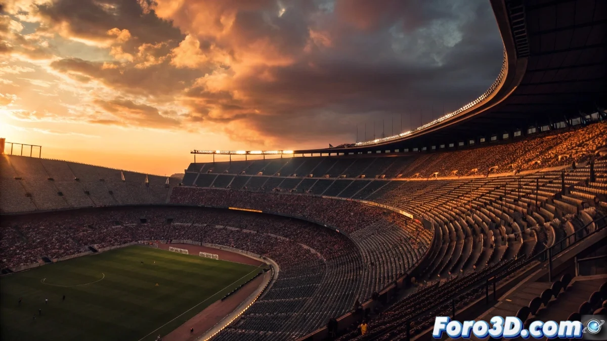 Vista aérea del Spotify Camp Nou con asientos marcados para distanciamiento social y áreas vacías, mostrando el aforo reducido actual.