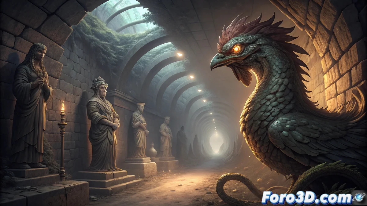 Ilustración del basilisco de Salamanca mostrando su híbrida anatomía con cabeza de gallo y cuerpo de serpiente en los túneles subterráneos de la universidad, con efectos visuales de petrificación