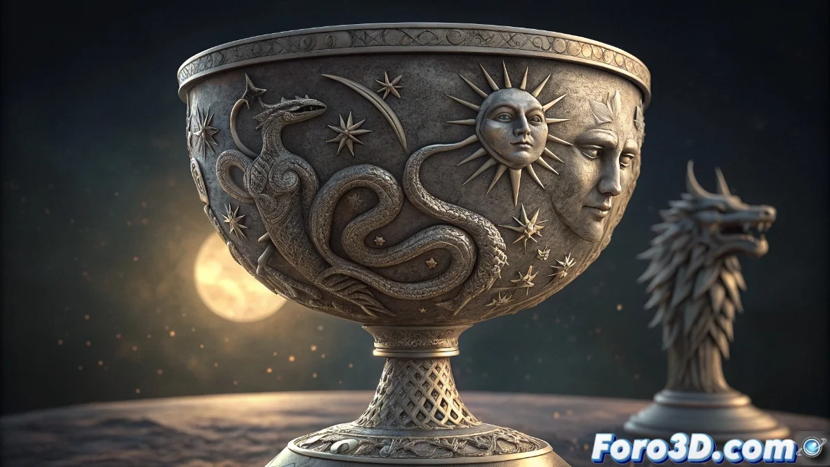 Cáliz de plata antiguo con relieves detallados que muestran serpientes, figuras híbridas y símbolos celestes, iluminado para resaltar su iconografía.