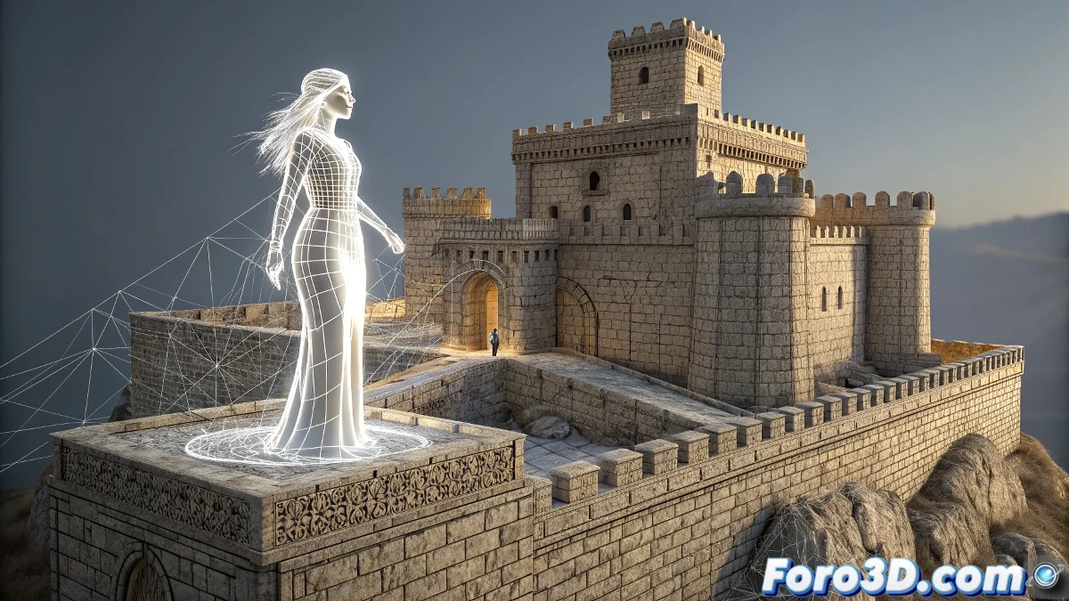 Secuencia animada en MotionBuilder mostrando la Dama Blanca desplazándose por el castillo de La Riba de Santiuste con efectos etéreos y iluminación lunar dramática.