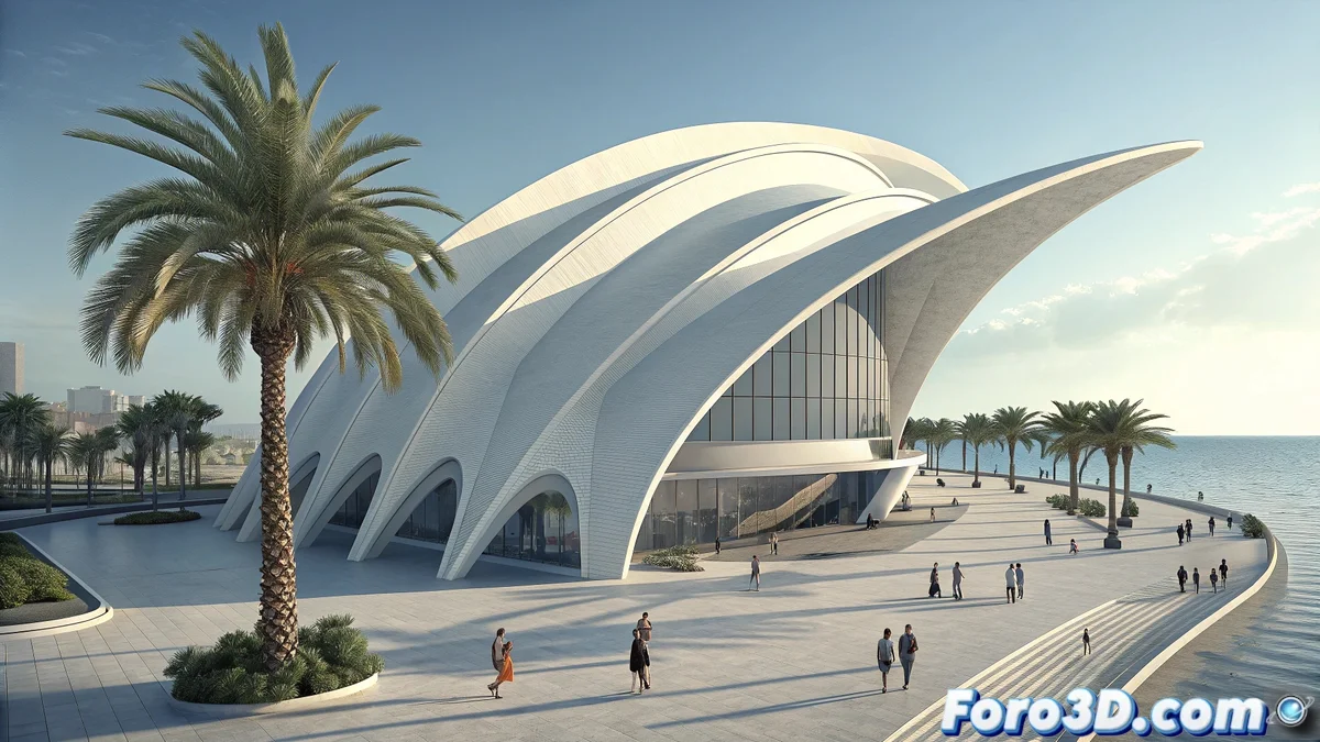 Maqueta arquitectónica del Centro de Convenciones Escultórico mostrando las formas curvas y orgánicas características del diseño de Calatrava, con estructura blanca sobre fondo azul que simula la costa mediterránea.