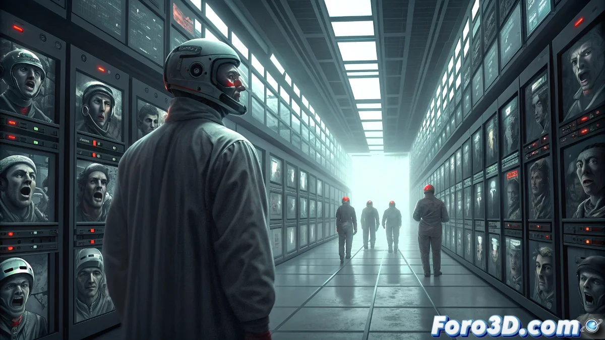 Centro de control de la Fórmula 1 con pantallas mostrando rostros distorsionados y hologramas fantasmales mientras pasillos se retuercen de forma imposible con técnicos atrapados en la escena.