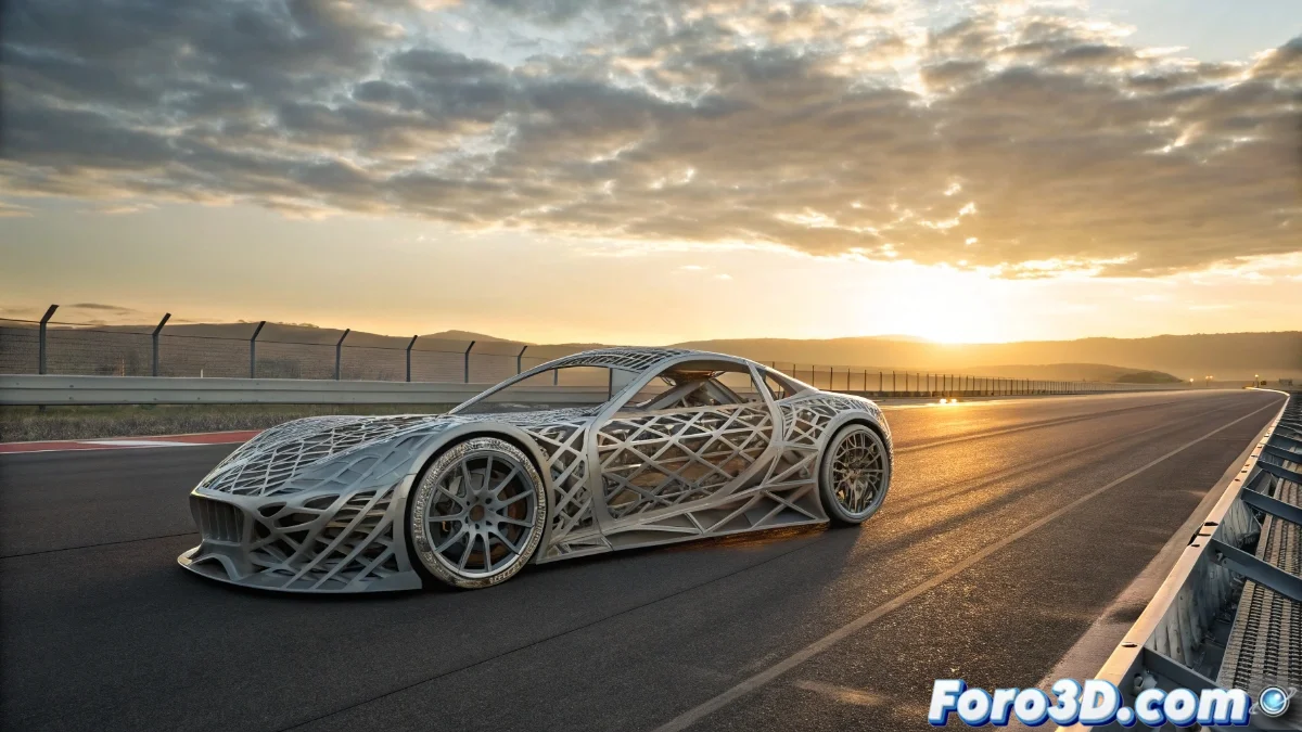 Chasis impreso en 3D del Yangwang U9 Xtreme mostrando estructuras geométricas intrincadas y materiales avanzados, con fondo de pista de carreras.