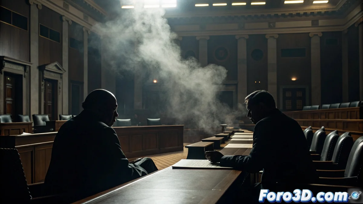 Sala vacía del Congreso de Diputados con dos focos de luz separados que proyectan sombras divergentes sobre los escaños, simbolizando la división política en la investigación del apagón eléctrico