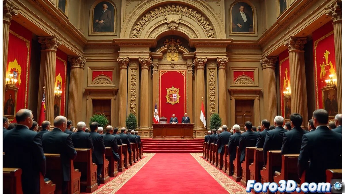 Hemiciclo del Congreso de los Diputados durante el acto conmemorativo del 50 aniversario de la monarquía española, con diputados y autoridades institucionales en sus escaños